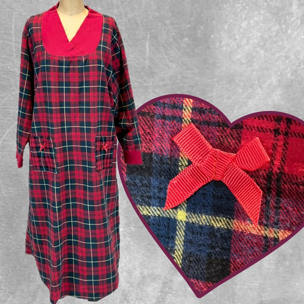 VINTAGE tartan plaid maxi nightgown 100% cotton flannel long sleeve bow pockets
